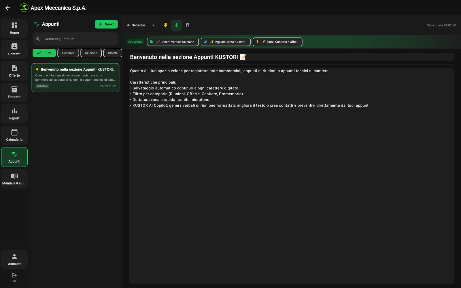 Modulo Appunti Rapidi con Dettatura Vocale e KUSTOR AI Copilot